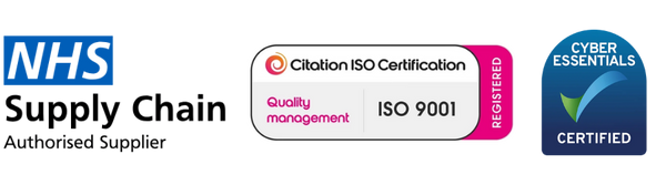 Logos advertising NHS Supply Chain Authorised Supplier ISO 9001 and Cyber Essentials certification